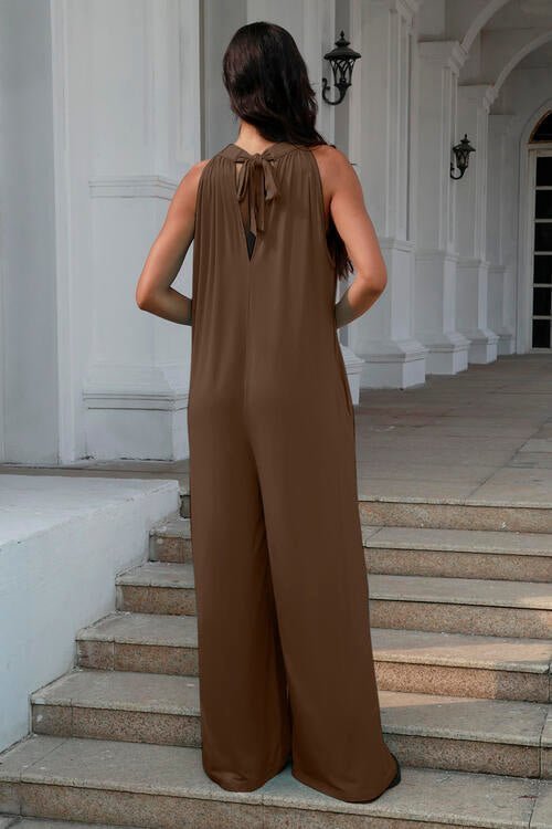 Double Take Full Size Tie Back Cutout Sleeveless Jumpsuit - Deda's Closet & Things