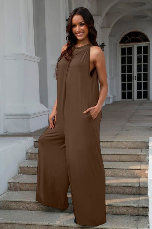 Double Take Full Size Tie Back Cutout Sleeveless Jumpsuit - Deda's Closet & Things